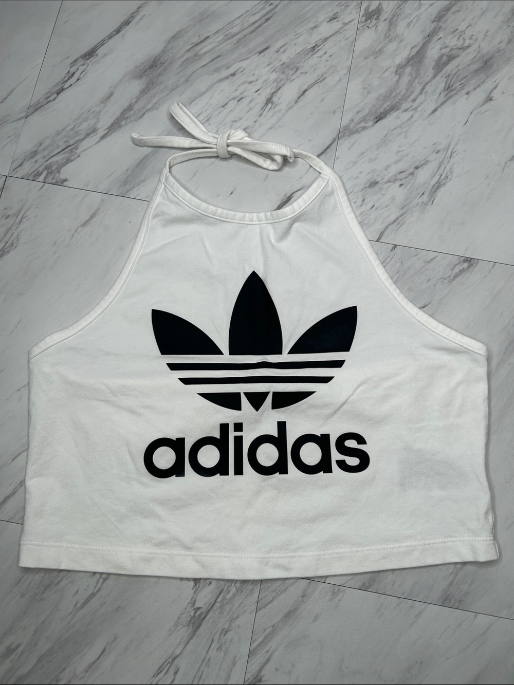 adidas White Halter Crop Top with Black Trefoil